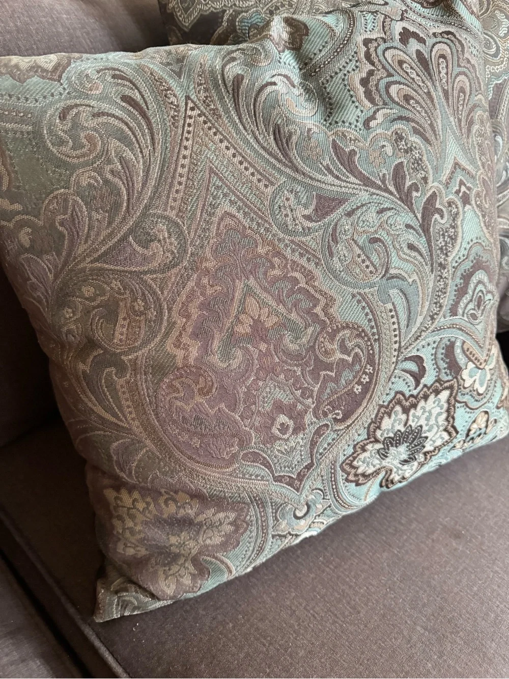 Decorative Paisley Throw Pillow Pair in Brown Taupe and Light Turquoise Blue